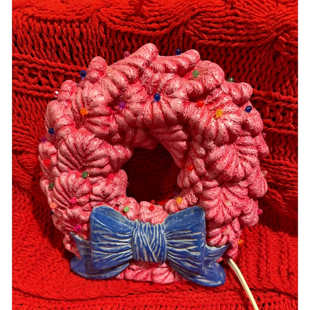 VTG 70's  Ceramic Christmas Wreath Table Lamp Pink Blue Bow Multi Color Lights